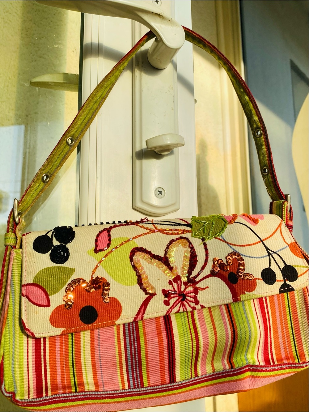 Far Nine Floral Stripe Shoulder Bag Pink Lime Sequin Boho Y2K